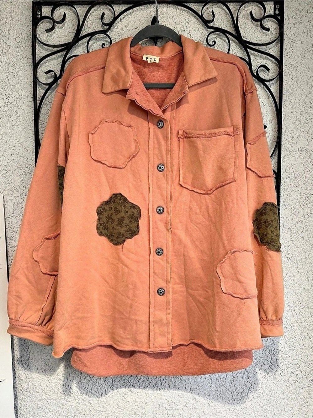POL Pieced Floral Hooded Shacket Floral Utility Jacket Large